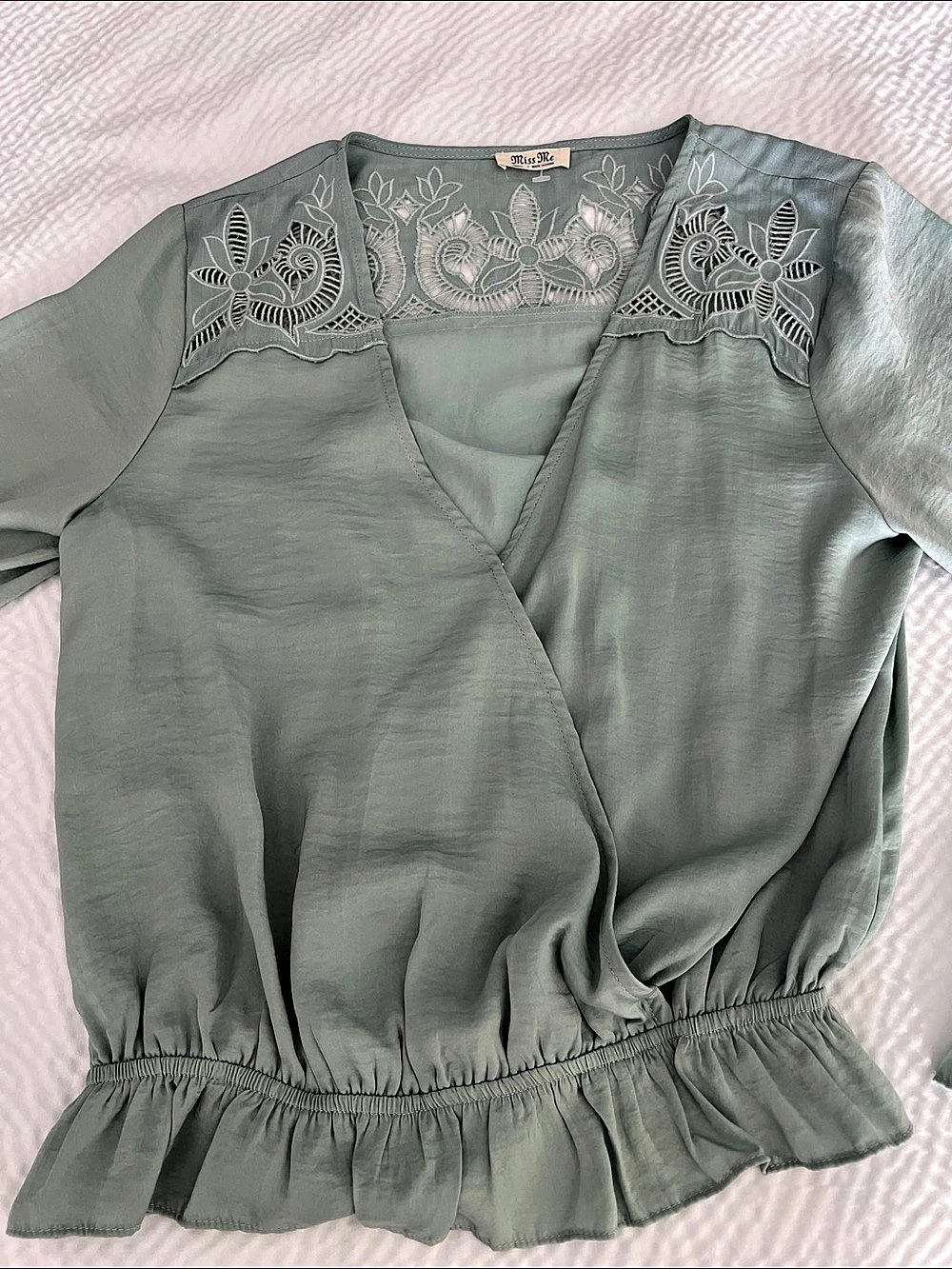 Miss Me Embroidered Wrap Blouse in Green Size Small Like New